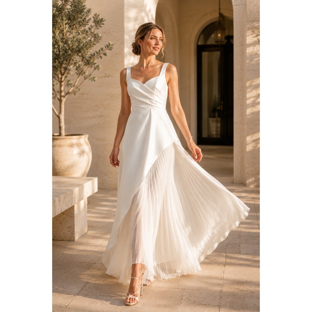 NWT Adrianna Papell Mikado MAXI Dress Women 10 Ivory WEDDING Pleated Gown BRIDAL